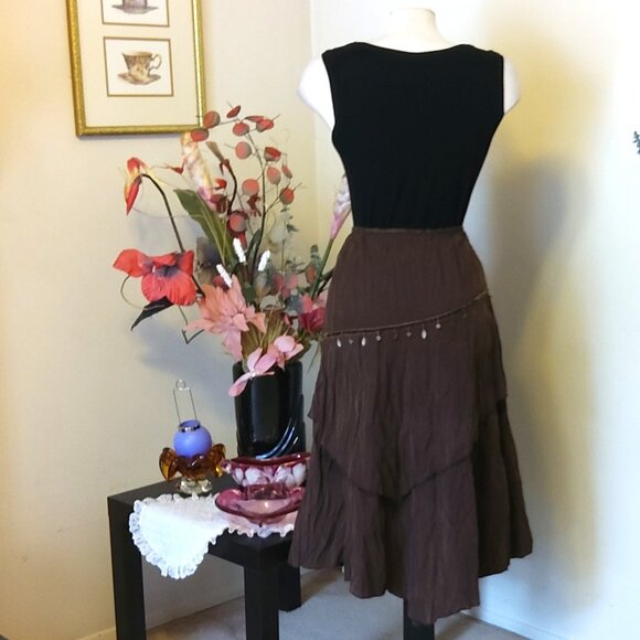 NWT Women Brown 2-Layers of Tiered Lined Elastic High Waist Asymmetrical Skirt - Picture 8 of 14